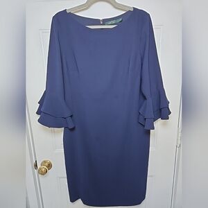 Ralph Lauren Navy Blue Knee Length Dress 3/4 Sleeves Ruffle Detail Size 14